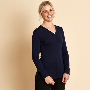 Picture of Woolerina Womens Long Sleeve V-Neck Top Navy CLEARANCE