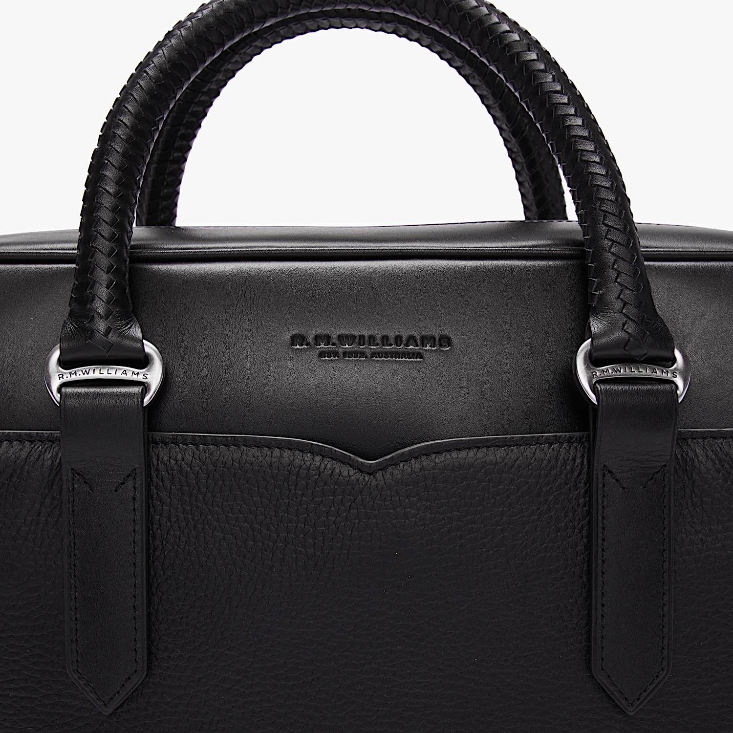 RM Williams Signature Peppled Leather Briefcase Black Port Phillip Shop